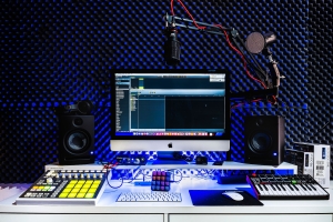 Home recording studio setup with audio interface, condenser microphone and studio monitors - available at Gigstore UAE