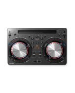 Pioneer DDJ-WeGO3-K compact DJ controller with dual jog wheels, multicolor LED lighting, performance pads, crossfader, and mobile device dock for portable DJ setups.