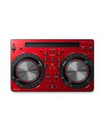 Pioneer DDJ-WeGO3-R compact DJ controller in red with dual jog wheels, LED pulse lighting, FX buttons, performance pads, and crossfader for mobile DJ use.