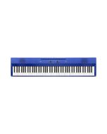 Korg Liano 88 key slim portable digital piano in vibrant metallic blue finish showing the front-facing speakers and control dial