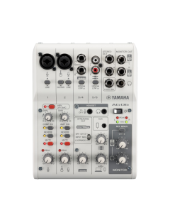 Yamaha AG06MK2 White 6-channel USB mixer with LOOPBACK, 48V phantom power, Hi-Z guitar input and DSP effects for live streaming and recording.