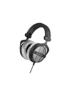 Beyerdynamic DT 990 PRO 250 Ohm headphones featuring the iconic open-back grille and gray velour cushions for professional studio use.