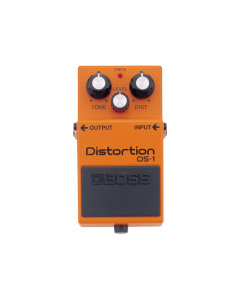 Boss DS-1 orange distortion pedal with three control knobs (Tone, Level, Distortion), metal housing, and footswitch for guitar effects and rock tone shaping.