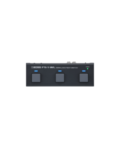 BOSS FS-1-WL ultra-compact wireless 3-button Bluetooth footswitch controller in a rugged black housing, featuring smooth quiet-press switches, customizable RGB status LEDs, and rear-panel TRS MIDI and USB ports.