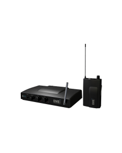 dBTechnologies EME One wireless in-ear monitor system featuring the compact VHF receiver and desktop transmitter unit.