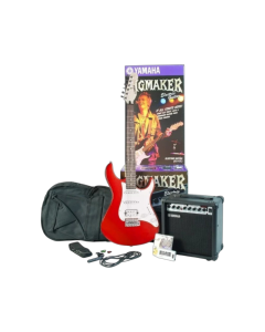 Yamaha EG112GPII metallic red electric guitar starter package with amplifier, tuner, gig bag, and accessories