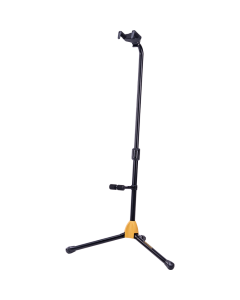 Hercules GS412B PLUS single guitar stand featuring an Auto Grip System (AGS) yoke, instant height adjustment clutch, and adjustable folding backrest.