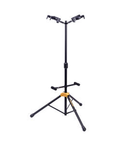 Hercules GS422B PLUS dual guitar stand displaying twin Auto Grip System (AGS) yokes, adjustable backrests, and height adjustment clutch.