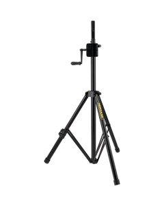 Hercules SS710B PLUS heavy-duty speaker stand with a hand-crank gear-up crank system, EZ Adaptor top, and adjustable leveling leg.