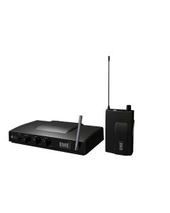 dBTechnologies EME One wireless in-ear monitor system featuring the compact VHF receiver and desktop transmitter unit.
