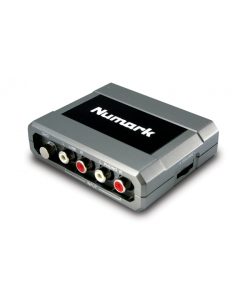 Numark Stereo|iO USB audio interface with RCA inputs and USB output for connecting DJ mixers and turntables to Mac or PC for recording and playback.