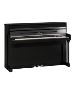 Kawai CS11 hybrid upright digital piano in high-gloss ebony polish cabinet featuring wooden Grand Feel II keyboard, real soundboard speaker system, and chrome fittings