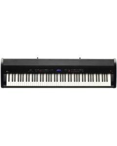 Kawai ES7 portable digital piano in gloss black finish featuring 88 weighted keys with Ivory Touch, RHII action, 16x2 LCD display, and dual bass-reflex speakers