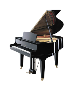 Kawai GM-10 compact baby grand piano in high-gloss ebony polish finish featuring open lid, single casters, and music desk