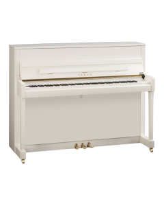 Kawai K-200 acoustic upright piano in white polish finish featuring Millennium III action, solid tapered spruce soundboard, and Soft Fall key lid