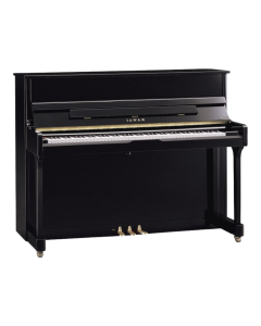 Kawai K-2 acoustic upright piano in ebony polish finish featuring Millennium III action, solid spruce soundboard, double brass casters, and slow-fall key lid