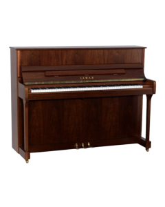 Kawai K-2 acoustic upright piano in mahogany polish finish featuring Millennium III action, solid spruce soundboard, brass casters, and slow-fall key lid