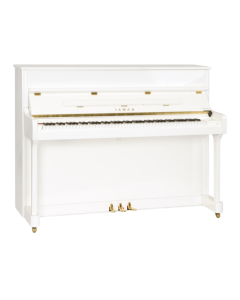 Kawai K-2 acoustic upright piano in snow white finish featuring Millennium III action, solid spruce soundboard, brass casters, and slow-fall key lid