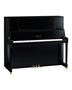 Kawai K-700 professional acoustic upright piano in ebony polish finish featuring Millennium III action, NEOTEX key surfaces, grand piano style music rack, and double brass casters