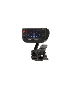 Korg AW-OTB clip-on bass tuner with OLED display attached to bass guitar headstock for precision tuning