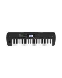 Korg i3 music workstation keyboard in Super Matte Black finish with 61 velocity-sensitive keys, LCD display, joystick controller, and arranger workstation controls.