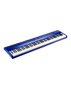 Korg Liano 88 key slim portable digital piano in vibrant metallic blue finish showing the front-facing speakers and control dial