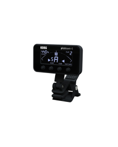 KORG AW-3G PitchHawk black clip-on guitar tuner with adjustable display arm and chromatic tuning for guitar and bass headstocks.