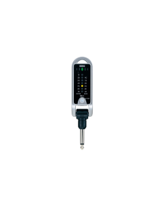 Korg Pitchjack Black plug-in guitar and bass tuner with foldable 1/4-inch jack, LED tuning display, and built-in flashlight for stage use.