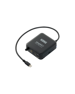 Korg plugKEY-BK mobile MIDI and audio interface in black with Lightning connector, MIDI DIN input, stereo audio outputs, headphone jack, volume control, and charging port.