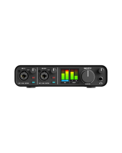 MOTU M2 USB-C audio interface with dual combo inputs, gain knobs, color LCD meters and balanced outputs for studio recording and streaming