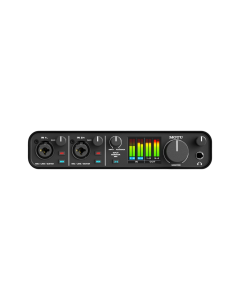 MOTU M4 USB-C audio interface with dual mic inputs, gain knobs, full-color LCD meters and balanced outputs for studio recording
