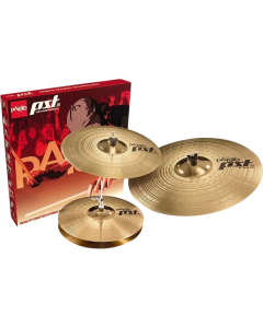 Paiste PST 5 Rock Cymbal Set including 14-inch Sound Edge Hi-Hats, 16-inch Rock Crash, and 20-inch Rock Ride crafted from CuSn8 bronze