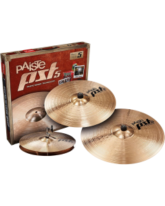 Paiste PST 5 Universal Cymbal Set featuring 14-inch Medium Hi-Hats, 16-inch Medium Crash, and 20-inch Medium Ride cymbals crafted from CuSn8 bronze
