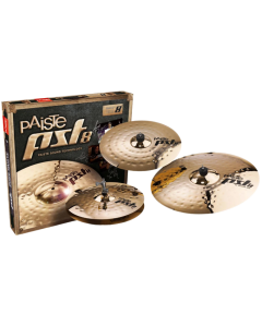 Paiste PST 8 Reflector Rock Cymbal Set featuring 14-inch Rock Hi-Hats, 16-inch Rock Crash, and 20-inch Rock Ride crafted from 2002 Bronze with hand-chased Reflector finish