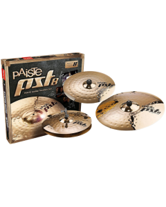 Paiste PST 8 Reflector Universal Set featuring 14-inch Medium Hi-Hats, 16-inch Medium Crash, and 20-inch Medium Ride cymbals in CuSn8 bronze