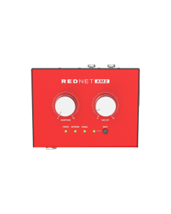 Focusrite RedNet AM2 Dante stereo monitoring interface with ¼-inch headphone output, dual balanced XLR outputs and PoE for professional network audio monitoring.