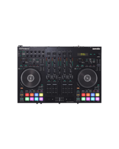 Roland DJ 707M Serato DJ controller with four channels dual USB mic inputs EQ effects zone outputs audio interface and performance pads for mobile DJs