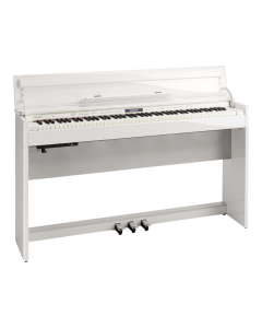 Roland DP603 digital piano in a premium elegant polished white finish, highlighting its minimalist, slimline cabinet design with an open soft-close keyboard lid and integrated 3-pedal system.