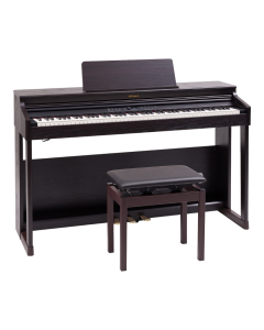 Roland RP701 digital piano in dark rosewood finish featuring an 88-key PHA-4 Standard keyboard, integrated pedals, and elegant cabinet design.