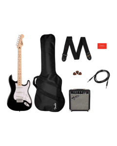 Squier Sonic Stratocaster Pack Electric Guitar Black with Maple Fingerboard Poplar Body Three Ceramic Single-Coil Pickups Vintage-Style Synchronized Tremolo Frontman 10G 10-Watt Amplifier Padded Gig Bag Instrument Cable Strap Picks and 3-Month Fender Play