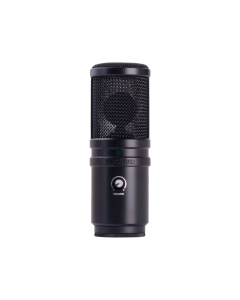 Superlux E205UMKII black studio USB condenser microphone with built-in headphone jack, gain control, and sturdy desktop mount