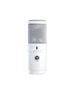 Superlux E205UMKII white USB studio condenser microphone with built-in gain control and headphone monitoring jack on desktop stand