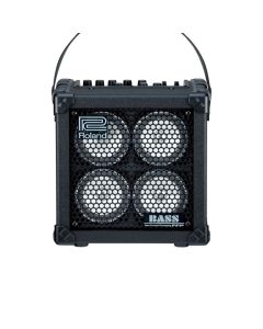 Roland Micro Cube Bass RX portable bass amplifier with four speakers, stereo power amps, COSM bass models, and battery powered design.