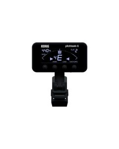 KORG AW-3G PitchHawk black clip-on guitar tuner with adjustable display arm and chromatic tuning for guitar and bass headstocks.
