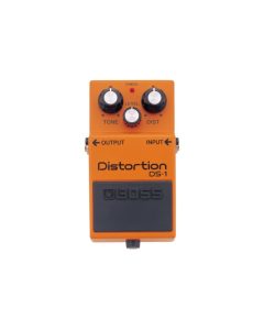 Boss DS-1 orange distortion pedal with three control knobs (Tone, Level, Distortion), metal housing, and footswitch for guitar effects and rock tone shaping.