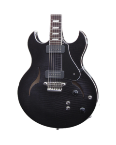 Front view of the VOX HDC-77 semi-hollow electric guitar in a striking blackburst finish, featuring dual cutaways, a flamed maple top, and custom hardware.
