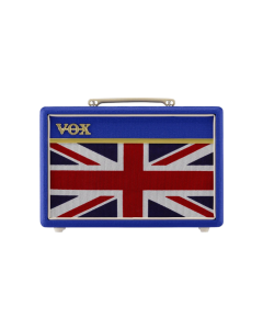 Front view of the Vox Pathfinder 10 limited edition combo amp in royal blue vinyl featuring iconic Union Jack grille cloth, chicken head knobs, and Vox logo.