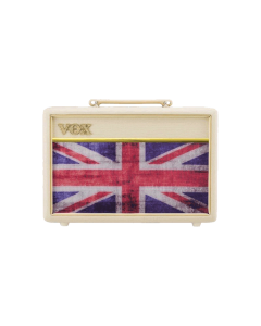 Front view of the limited-edition Vox Pathfinder 10 guitar combo amplifier featuring cream cabinet, Union Jack grille cloth, and chicken-head control knobs.