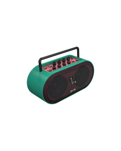 Vox Soundbox Mini portable multi-purpose stereo amplifier in vibrant green finish featuring carrying handle, dual speakers, and top panel control knobs.