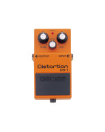 Boss DS-1 orange distortion pedal with three control knobs (Tone, Level, Distortion), metal housing, and footswitch for guitar effects and rock tone shaping.